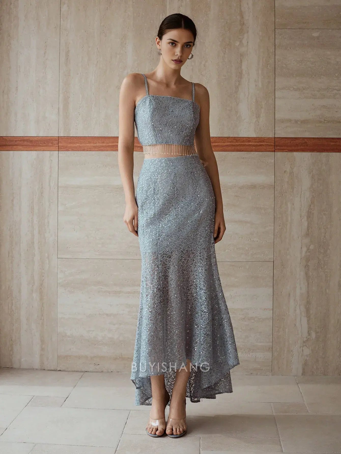 Elegant Sequin Lace Two - Piece Mermaid Maxi Dress with Fringe Detail Prom Dresses